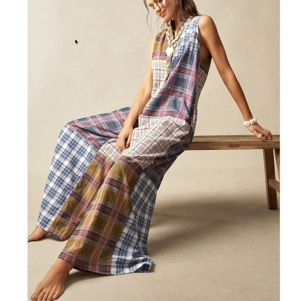 Plus Plaid Print Half Button Sleeveless Wide leg Jumper Jumpsuit - Picture 2 of 6